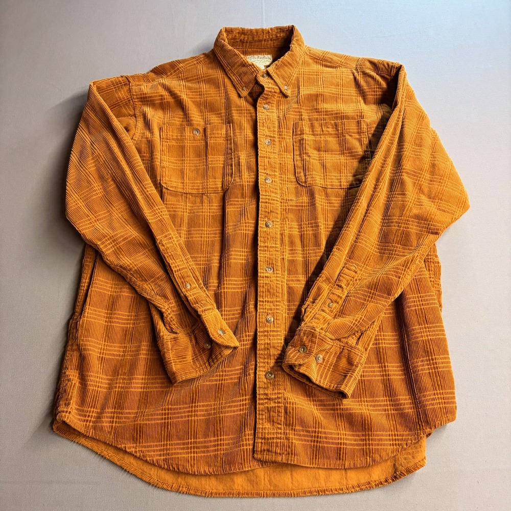 Cabelas Mens XL Tall Corduroy Button Down Shirt Orange Plaid Texture 904436